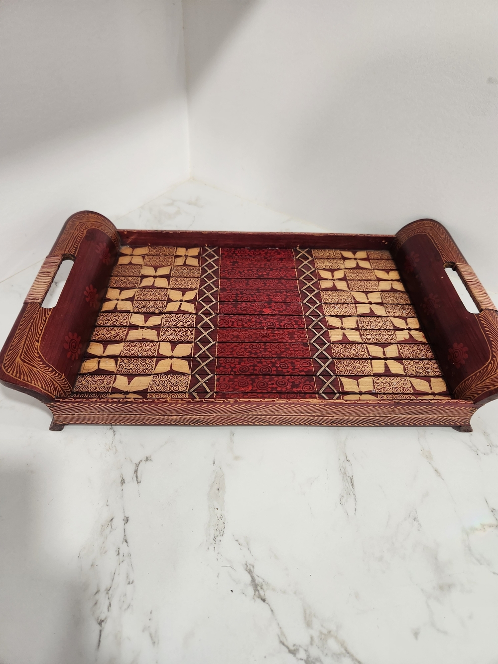 Vintage Handcrafted Decorative Serving Tray in Burgundy and Tan